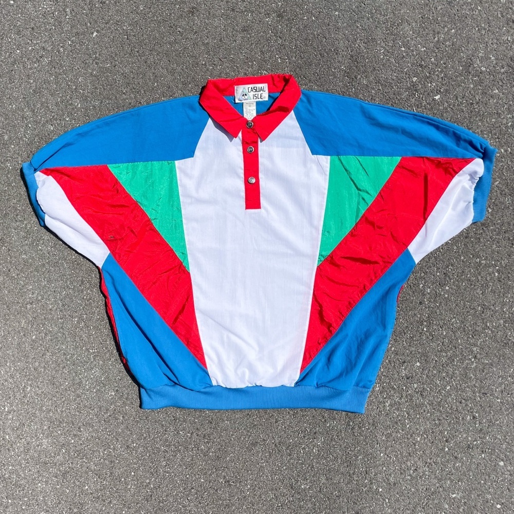 Color Block Casual Isle 1980s 1990s Short Sleeve Oversized Windbreaker (Fits L)